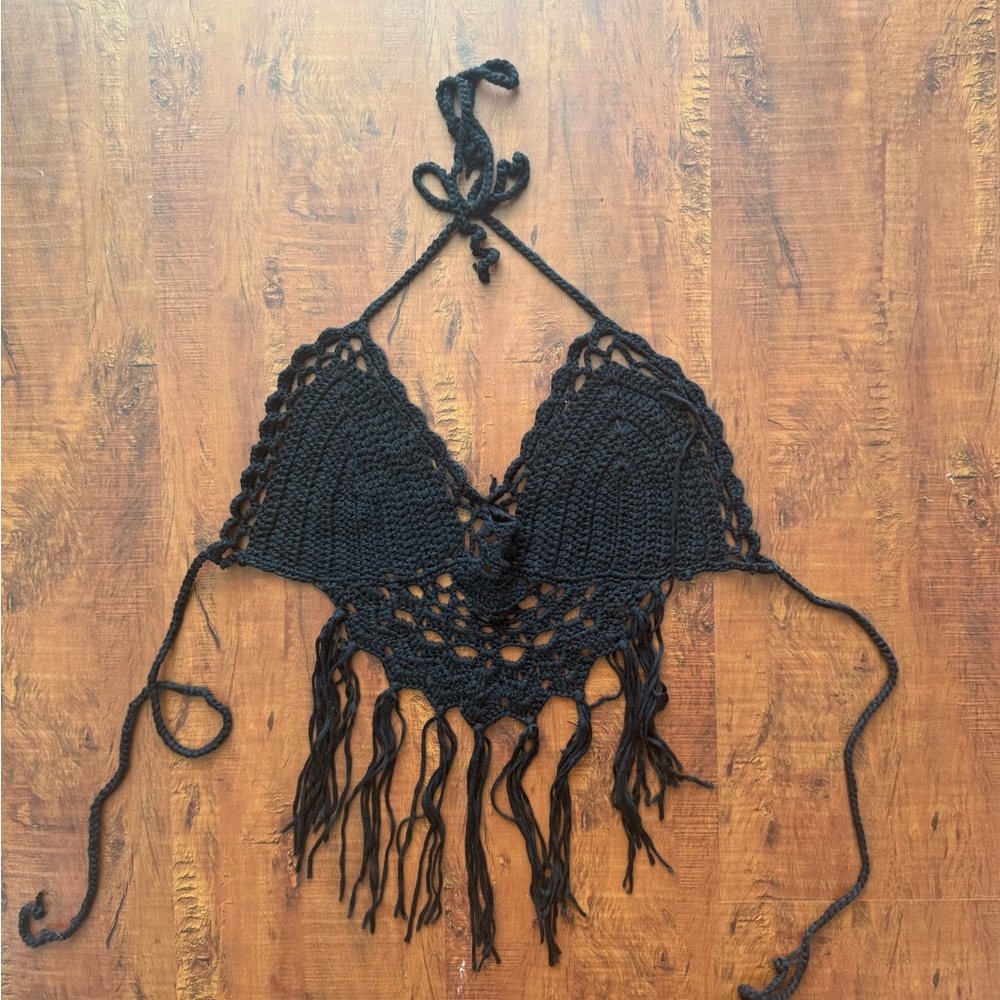 Black Crochet Halter Top with Fringe